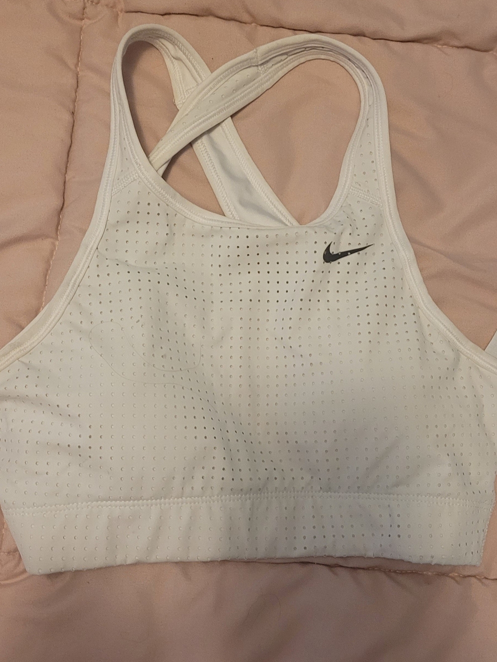 Nike White Perforated Racerback Sports Bra with Black Swoosh